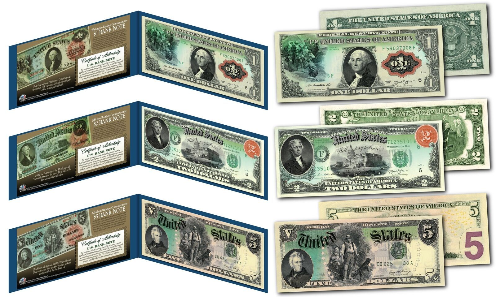 1869 RAINBOW SERIES Currency Notes Designed on Genuine New $1, $2, $5 - Set of 3 - £33.05 GBP