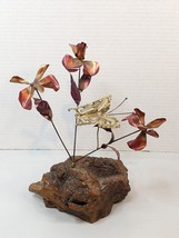 VTG MCM Brutalist Butterfly Flower Sculpture Metal Brass Copper Burl Wood Rustic - £33.07 GBP