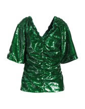 NWT Ganni Ruched Green Sequin Short Sleeve Top Size 34 US 2 - $93.10