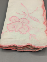 Vintage Napkin white Linen With Pink Embordered Flower scalloped edge - $15.38