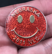 Red Metallic Happy Smiling Face Gold Tone 2011 NLC Nebraska Pin 1.25&quot; Dia - £9.42 GBP