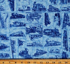 Cotton Trains Patch Engines Locomotion Blue Fabric Print by the Yard D784.86 - £11.95 GBP