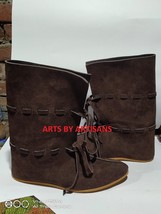 Medieval Brown Suede Leather Mens Boots for Halloween Fantasy Cosplay At... - $75.00