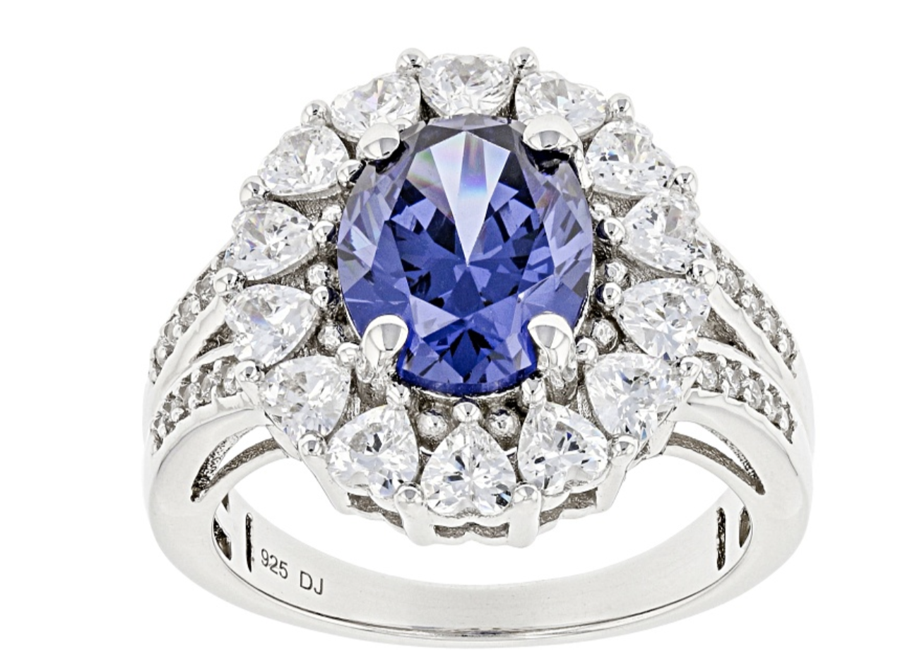 BLUE AND WHITE CZ RHODIUM OVER STERLING SILVER RING SIZE 5 6 7 8 9 10 11 12 - £143.87 GBP