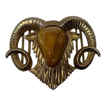 Vintage Ram Big Horn Goat Gold Tone Belt Buckle Resin Carved Face Rustic - £79.71 GBP