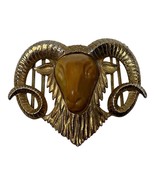 Vintage Ram Big Horn Goat Gold Tone Belt Buckle Resin Carved Face Rustic - $98.18