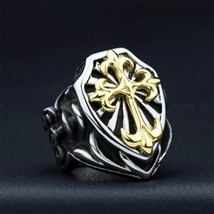 Men&#39;s Huge Heavy Gold Knight Fleur De Lis Cross Stainless Steel Ring Size 7-14 - £15.97 GBP