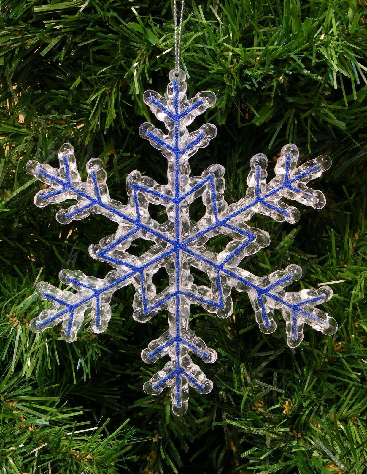 Primary image for SHATTERPROOF CLEAR & BLUE GLITTER SNOWFLAKE CHRISTMAS TREE ORNAMENT