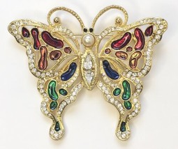 Large Colorful Butterfly Brooch Gold Tone Clear Rhinestone &amp; Colorful Accents - £15.72 GBP