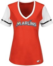 Majestic Women Miami Marlins Curveball V-Neck Short Sleeve T-Shirt, Red,... - £18.09 GBP
