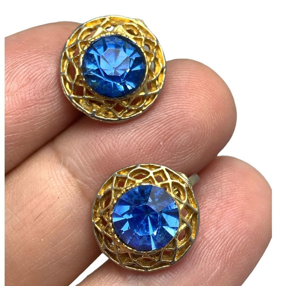 Vintage Signed Dafri Rhinestone Screw Back Earrings Blue  Amber Gold Tone - $24.35
