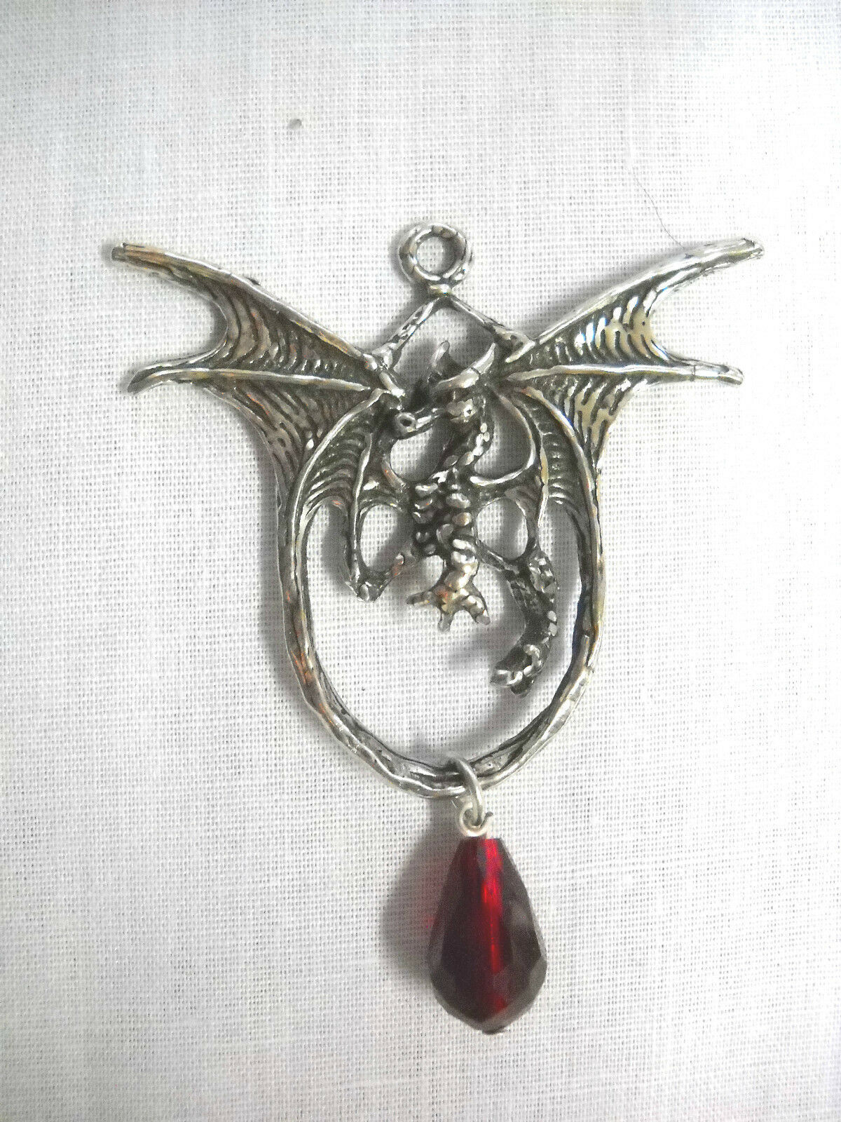 DRAGON WITH BLOOD RED CRYSTAL DANGLE CAST PEWTER PENDANT NECKLACE