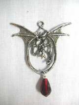 DRAGON WITH BLOOD RED CRYSTAL DANGLE CAST PEWTER PENDANT NECKLACE - $11.99