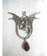 DRAGON WITH BLOOD RED CRYSTAL DANGLE CAST PEWTER PENDANT NECKLACE - £9.58 GBP