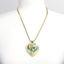 Cloisonne Enamel Heart Pendant Necklace Gold Tone Blue Brown White Snake Chain - £19.31 GBP