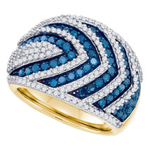 10kt Yellow Gold Womens Round Blue Color Enhanced Diamond Striped Fashion Ring - £1,044.75 GBP