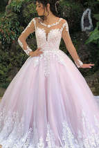 Princess Long Sleeves A-line Pink Wedding Dress with Lace - £196.91 GBP