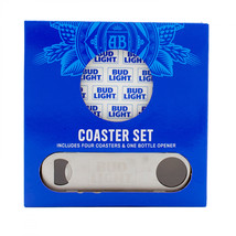Bud Light Logo 4pc Coaster Set with Bottle Opener White - £23.96 GBP