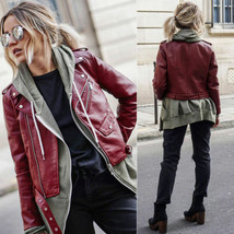 Women Maroon Leather Biker Jacket Coat motorcycle Slim Short Outwear Coat - £79.91 GBP