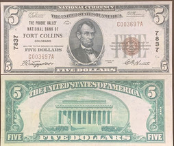 Reproduction Copy 1929 $5 Bill Poudre Valley National Bank Fort Collins Colorado - $3.99