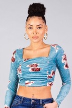 Women&#39;s Mint Ruched Velvet Floral Back Tie Crop Top (S) - £19.76 GBP