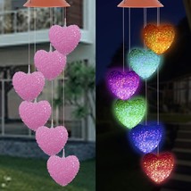 Solar Pink Heart Wind Chimes Outdoor Waterproof Mobile Romantic LED Colo... - $36.37