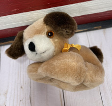 VINTAGE 6” Kamar Small Plush Puppy Dog Toy Beige Brown Laying Down Prone Stuffed - £11.38 GBP