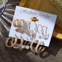 6/9 Pairs Big Hoop Pearl Earring Set Fashion Gold Metal Earing Butterfly Circle  - £10.09 GBP