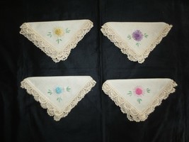 4 Antique FLORAL EMBROIDERED CROCHET-EDGED Unused NAPKINS  - 11.5&quot; x 11.... - $10.00