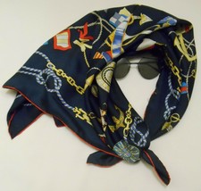 NAUTICAL THEME Women&#39;s SILK SCARF Anchor Compass Ship Log Navigation 35x35 - £34.33 GBP