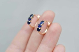 3.50Ct Round Cut Blue Sapphire Hoop Huggie Earrings 14K Yellow Gold Finish - £62.96 GBP