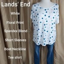 Lands End White Floral Print Spandex Blend Short Sleeves Tee Shirt Size 1X - £11.18 GBP