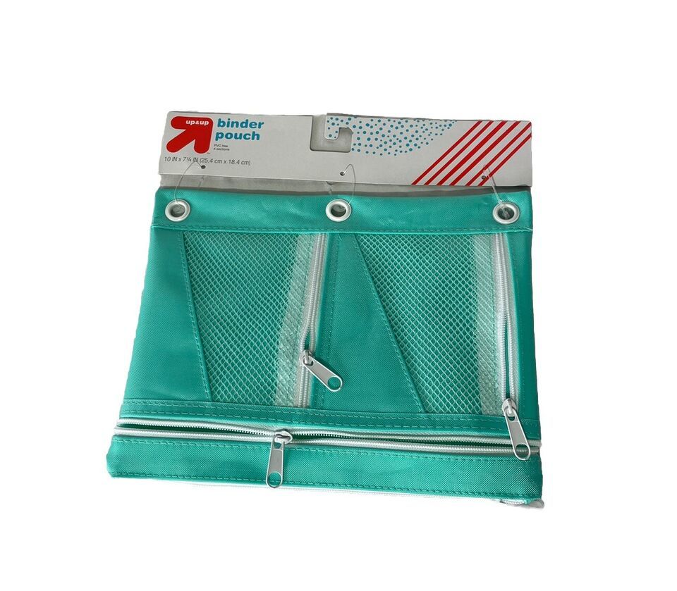Teal &amp; White Pencil Case For Three Ringed Binder 10&quot; x 7.25&quot; 4 Storage P... - $7.69