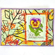 ACEO Original Mixed Media Art 1968 Hungary Purple Pansy Flower Postage S... - £11.22 GBP