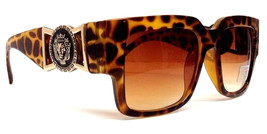 BROWN TORTOISE GOLD LION HEAD MEDALLION SQUARE SUNGLASSES RETRO DESIGNER... - £7.54 GBP