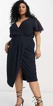 TFNC Forti Damigella Chiffon Avvolgere Front Midi Abito W/Flutter Maniche Navy ( - $39.96