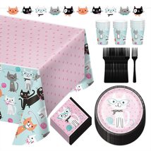 HOME &amp; HOOPLA Cat Party Pink Paper Dinner Plates, Napkins, Forks, Cups, Table Co - £16.32 GBP+