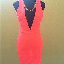 Unbraded Neon Pink fitted Dress deep V neckline atteched necklace Size S... - $28.05