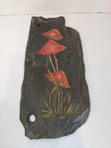 Hand Painted Slate Wall Hanging Folk Art Signed &quot;Yve&quot; Red Mushrooms 13x6 - £13.33 GBP