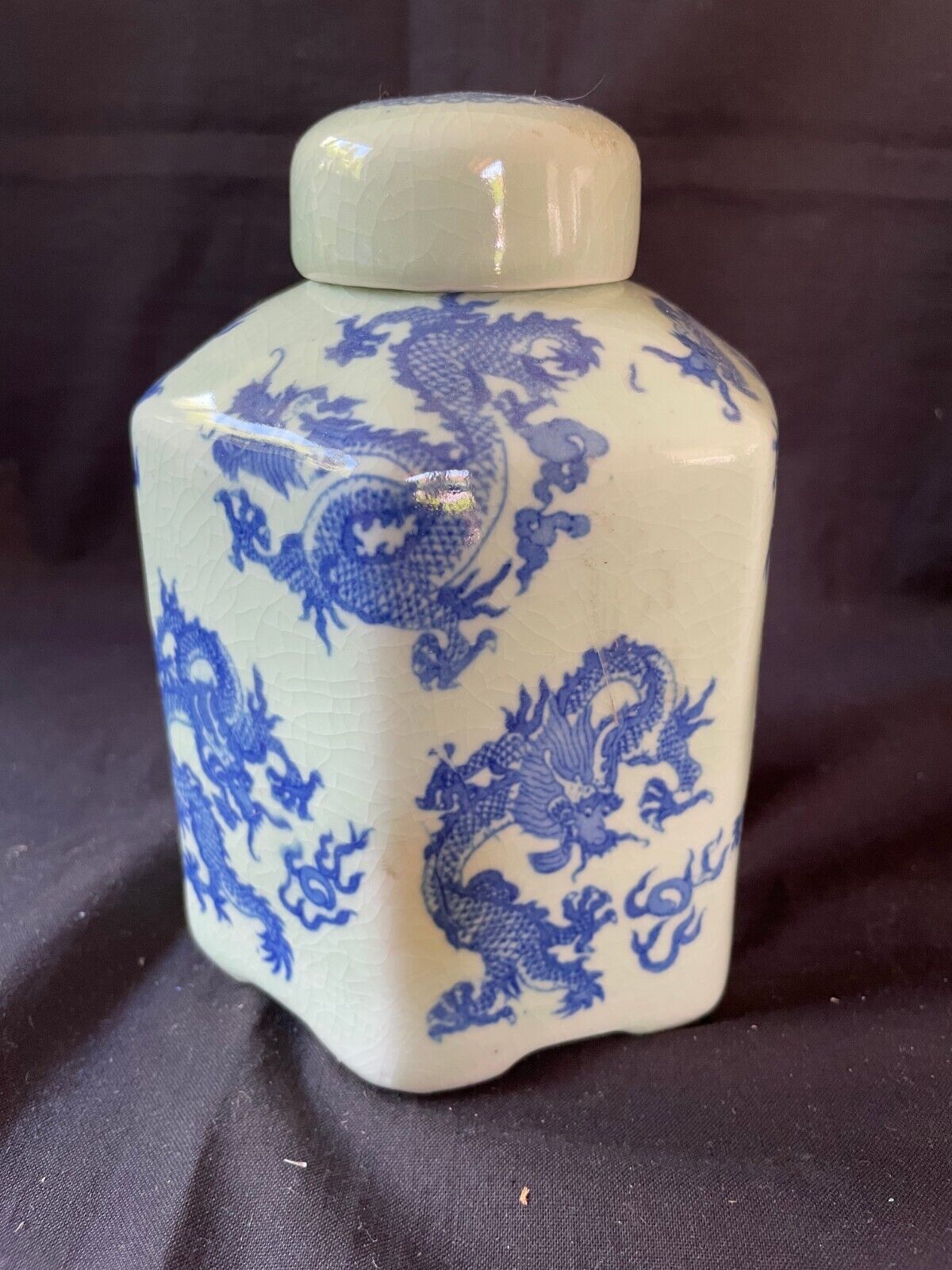 Antique Chinese Kangxi Mark Hexagonal Tea Caddy Lidded Vase Jar with dra... - $169.00