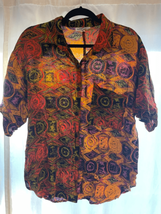 1970s Button Down Shirt Blouse- TOMORROW-Medium Org/Ppl Crazy Colors Ret... - £11.75 GBP