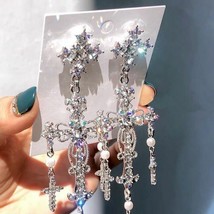 Cross Earrings Korean Trendy Luxury Silver Color Crystal Pearl Party Jewelry - £8.01 GBP