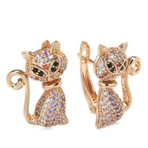 Fashion 585 Rose Gold Cute Cat Earrings For Girls Unique Black Natural Zircon Ea - £11.01 GBP