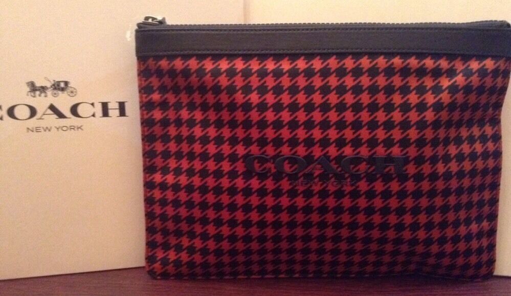Coach Universal Pouch Case In Red Houndstooth Nylon W Leather Zip Top NWT - $55.14