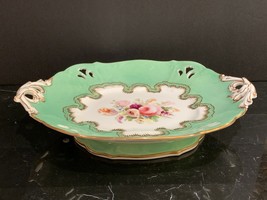 Antique English Porcelain Green Pierced Floral &amp; Gold Design Oval Footed Platter - £155.03 GBP