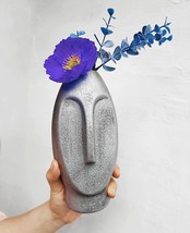 Face Vase Pot Carved Art Floral Flower Ceramic Silver Gray Decor Glossy Glaze - £23.67 GBP