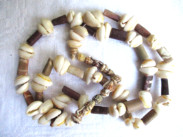 Cowrie Seashell Coconut Shell Bead Necklace Handmade 28&quot; Tiny Shells Behind Neck - £10.51 GBP