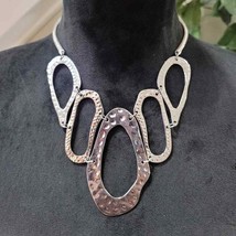 Womens Silver Tone Hammered Gun Metal Bib Oval Necklace - £22.38 GBP