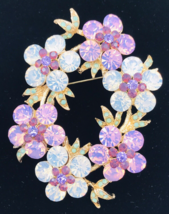 VTG Gold Tone Purple &amp; Turquiose Floral Wreath w/ Rhinestones Brooch Pin... - £7.44 GBP