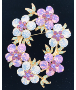 VTG Gold Tone Purple &amp; Turquiose Floral Wreath w/ Rhinestones Brooch Pin... - £7.44 GBP